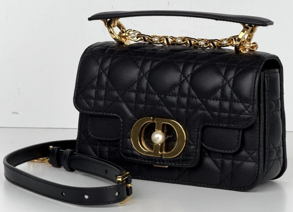 Dior Cannage Jolie Top Handle Small Bag in Black Calfskin with "CD" Clasp S-07